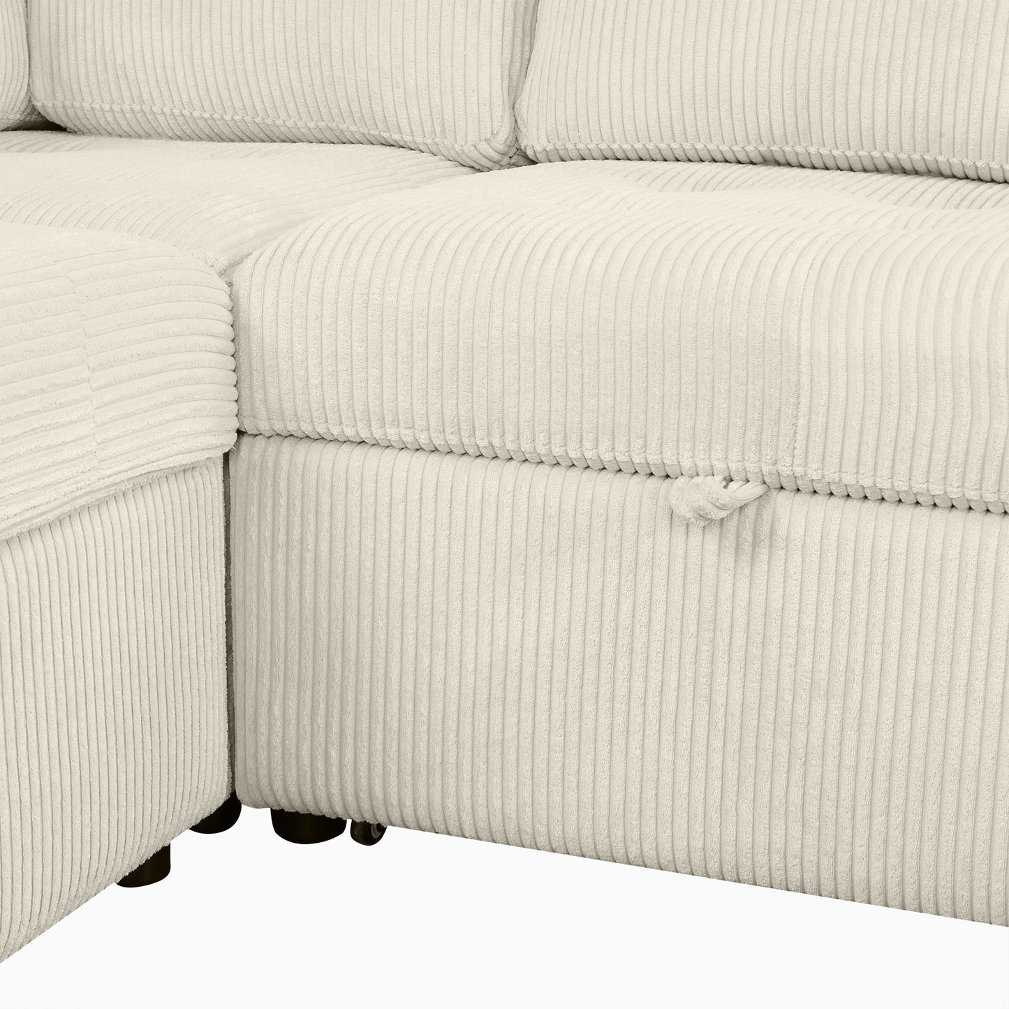 Cream corduroy sofa section with plush cushions and hidden storage compartment