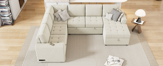 Cream corduroy sectional sofa with tufted cushions and hidden storage
