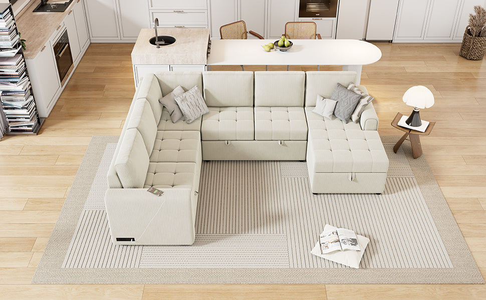 Cream corduroy sectional sofa with hidden storage and USB ports