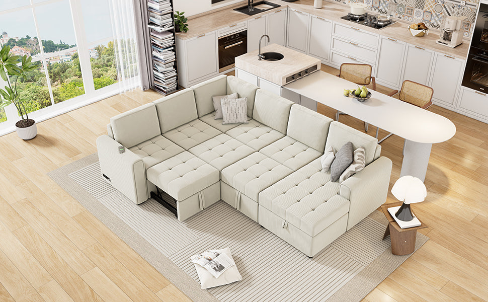 Beige modular sectional sofa with storage chaise for a living room