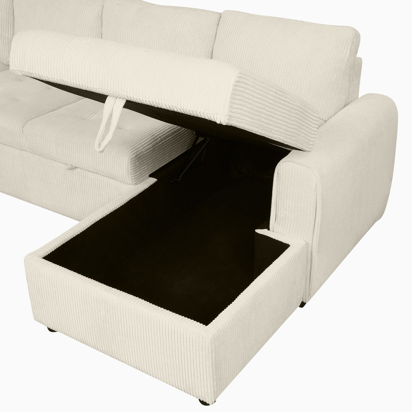 Cream corduroy sectional sofa with liftup storage chaise for ample space