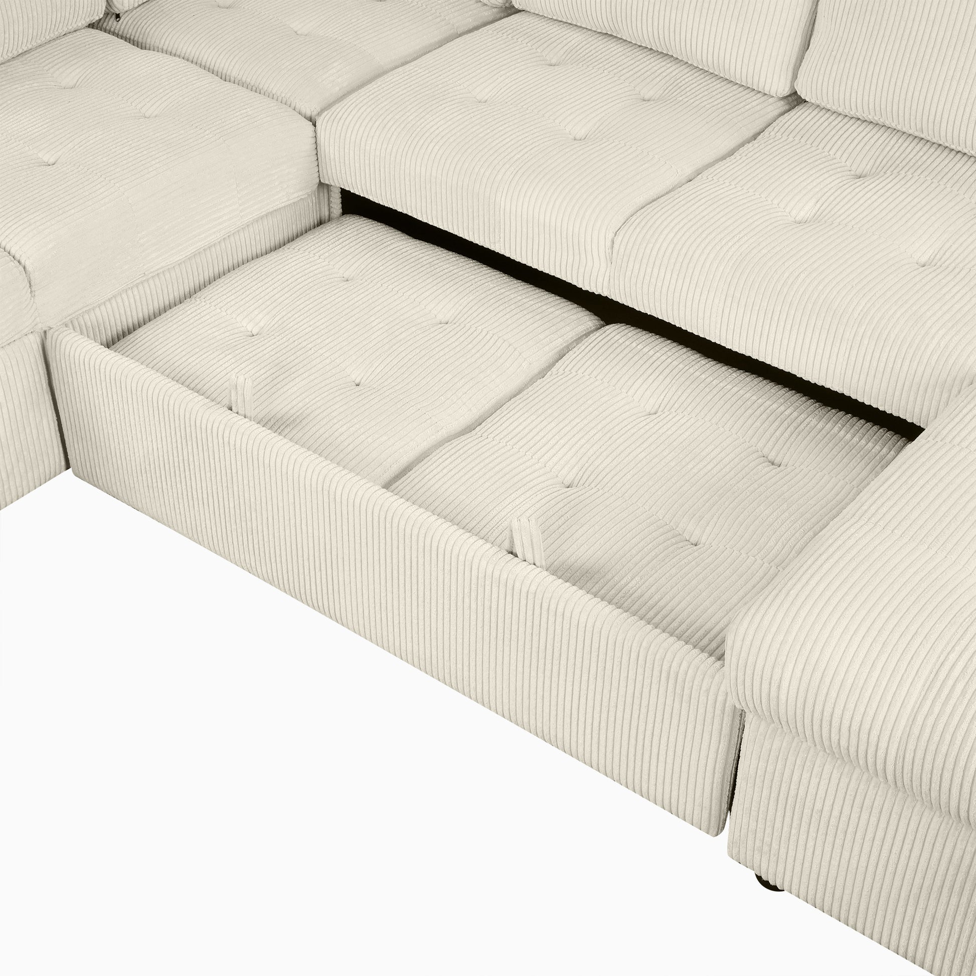 Cream corduroy sectional sofa with pullout bed feature
