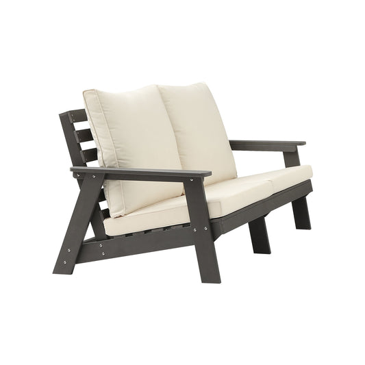 Dark gray modern loveseat with beige cushions for outdoor patios