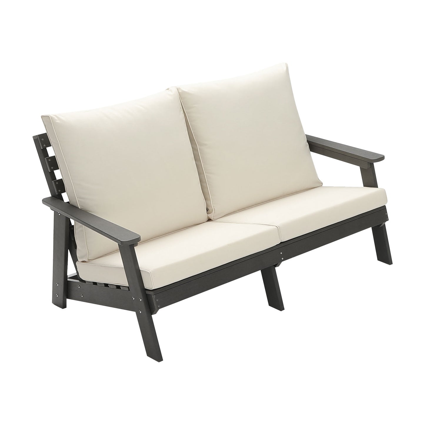 Dark gray Adirondack loveseat with plush cream cushions perfect for patio relaxation