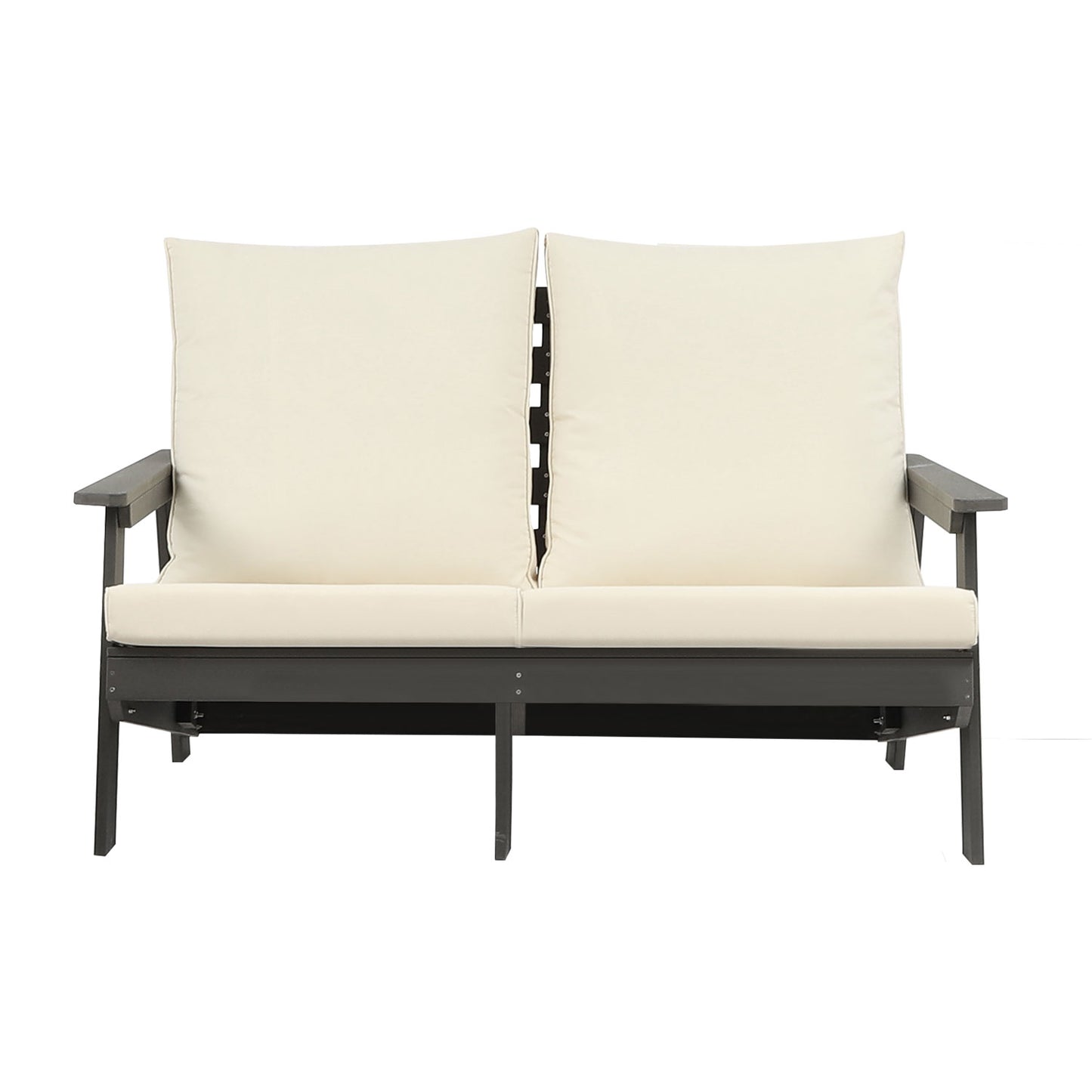 Dark gray Adirondack loveseat with cream cushions perfect for outdoor relaxation