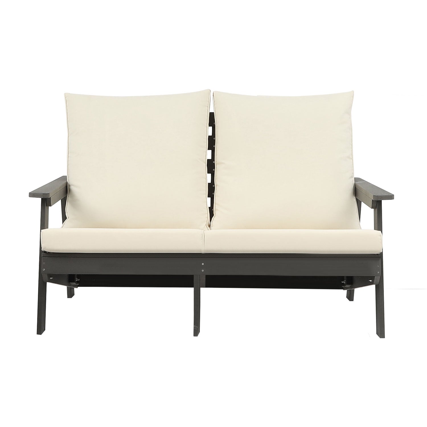 Dark gray Adirondack loveseat with cream cushions perfect for outdoor relaxation