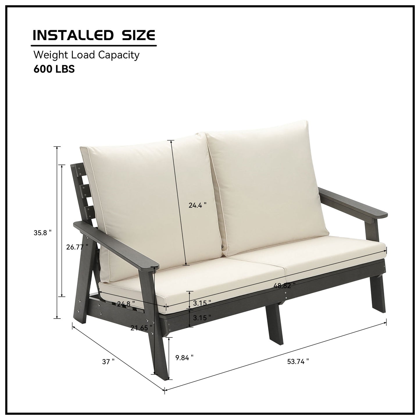 Dark gray Adirondack loveseat with cream cushions showing overall dimensions for outdoor seating