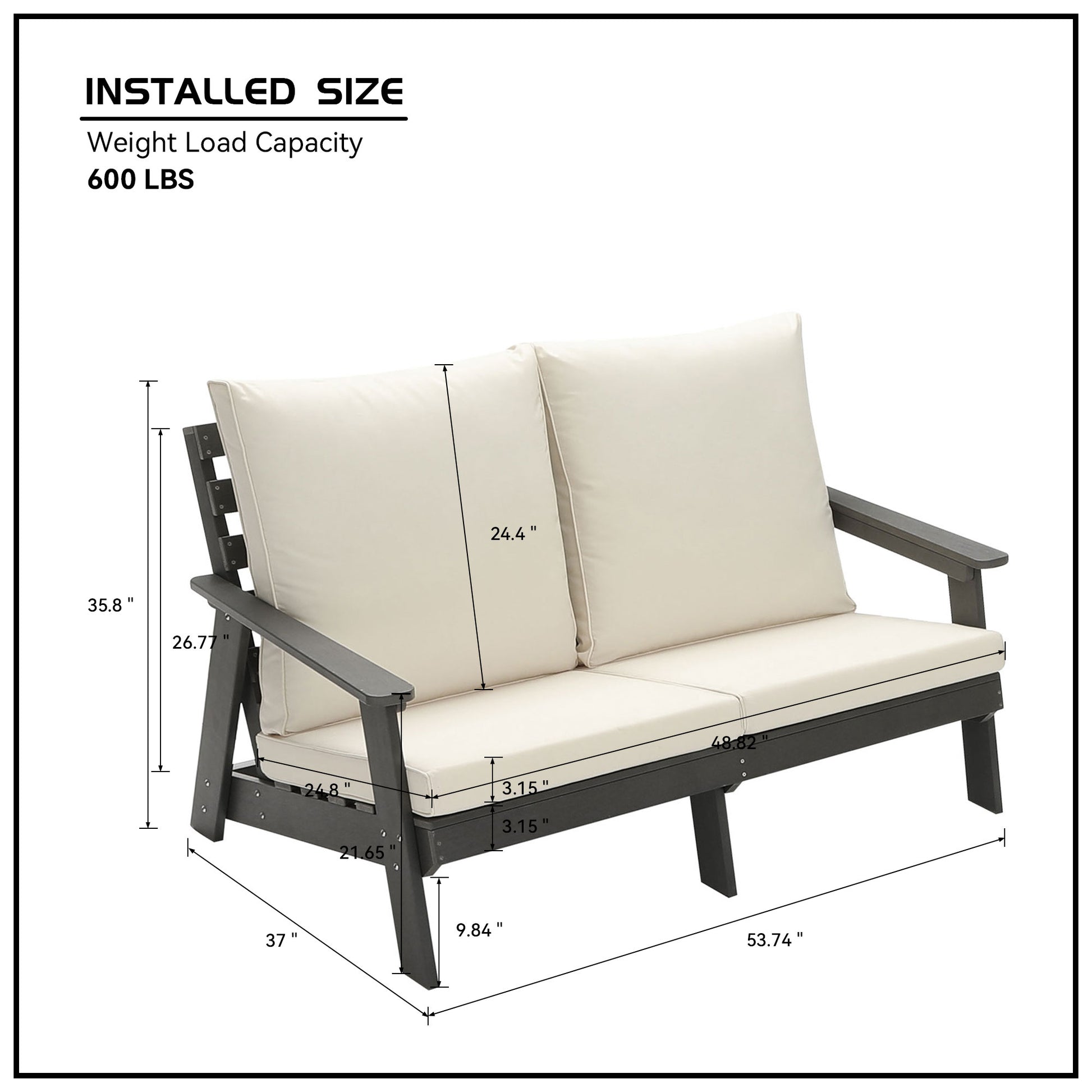 Dark gray Adirondack loveseat with cream cushions showing overall dimensions for outdoor seating