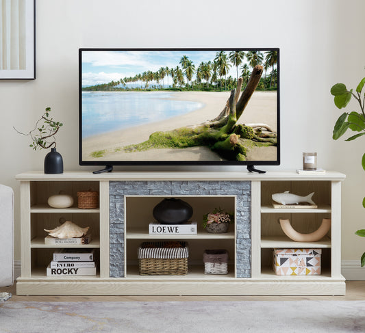 Light oak entertainment center with stone accent and shelves for decor items