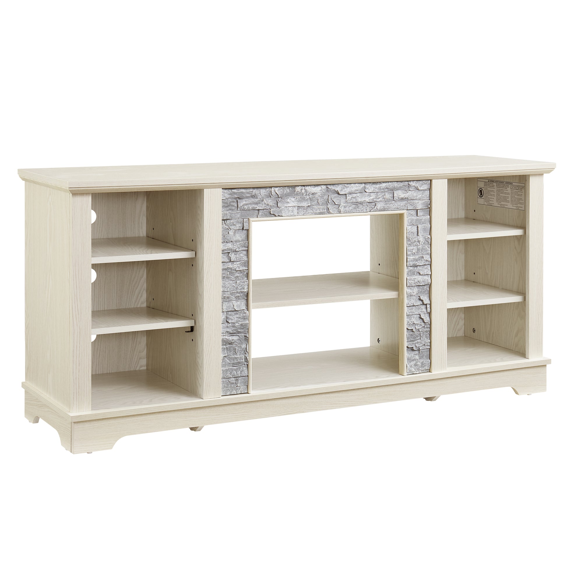 Light oak fireplace media console with open shelving and stone accent