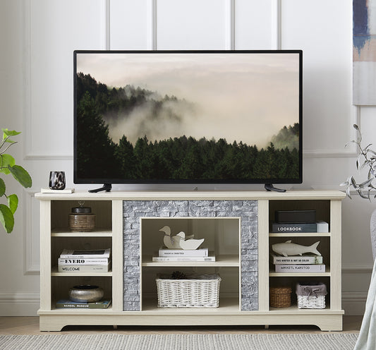 Light oak media console with faux stone accents and open shelving for storage