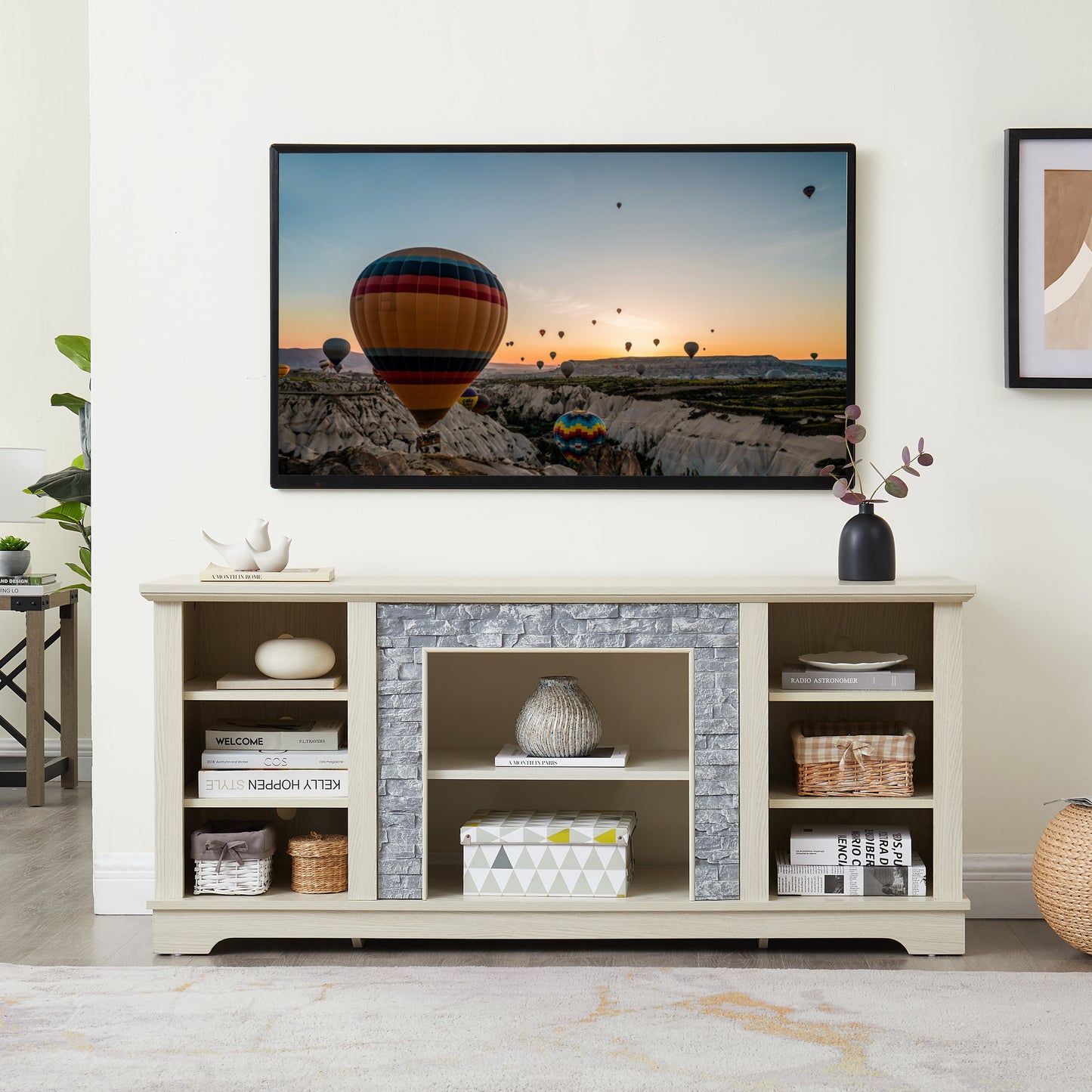 Oak media console with stone accents and storage shelves perfect for living rooms