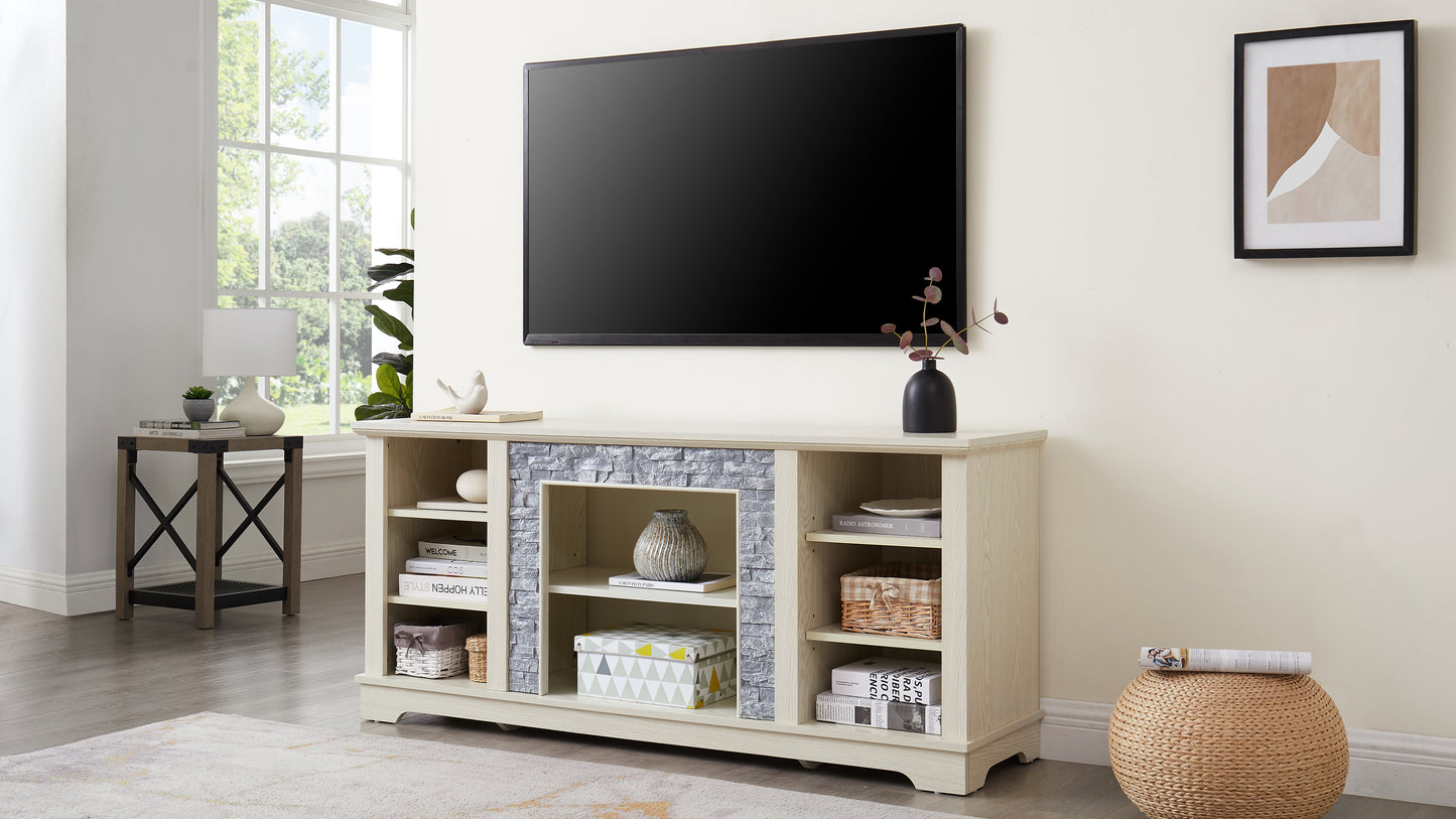 Light wood TV stand with stone accents and open shelving perfect for media consoles and storage