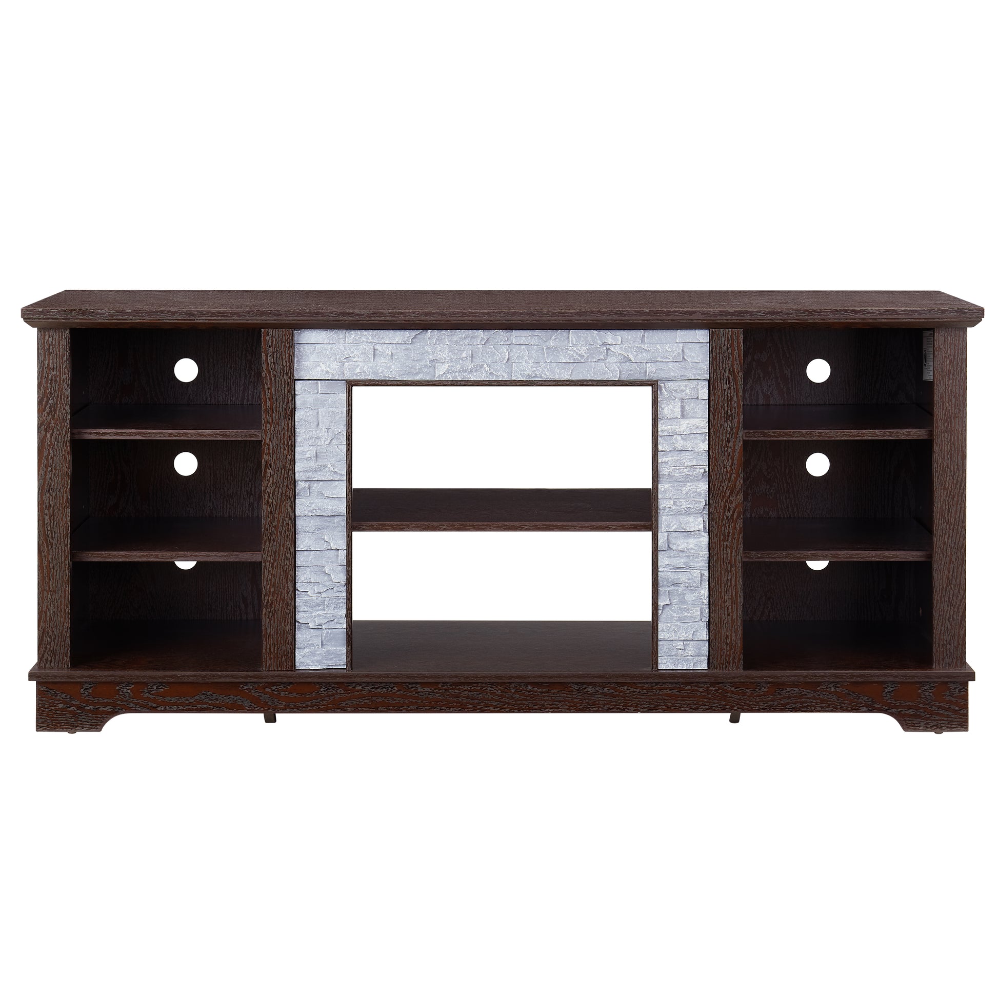 Dark oak media console with gray faux stone fireplace insert and open shelves