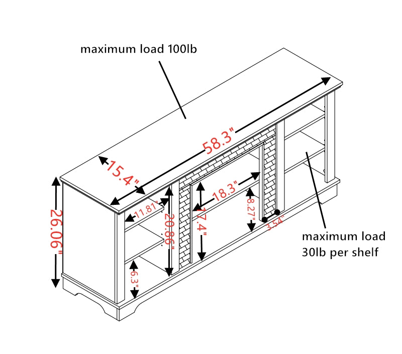 Technical drawing of a white TV stand with dimensions and shelf load capacity