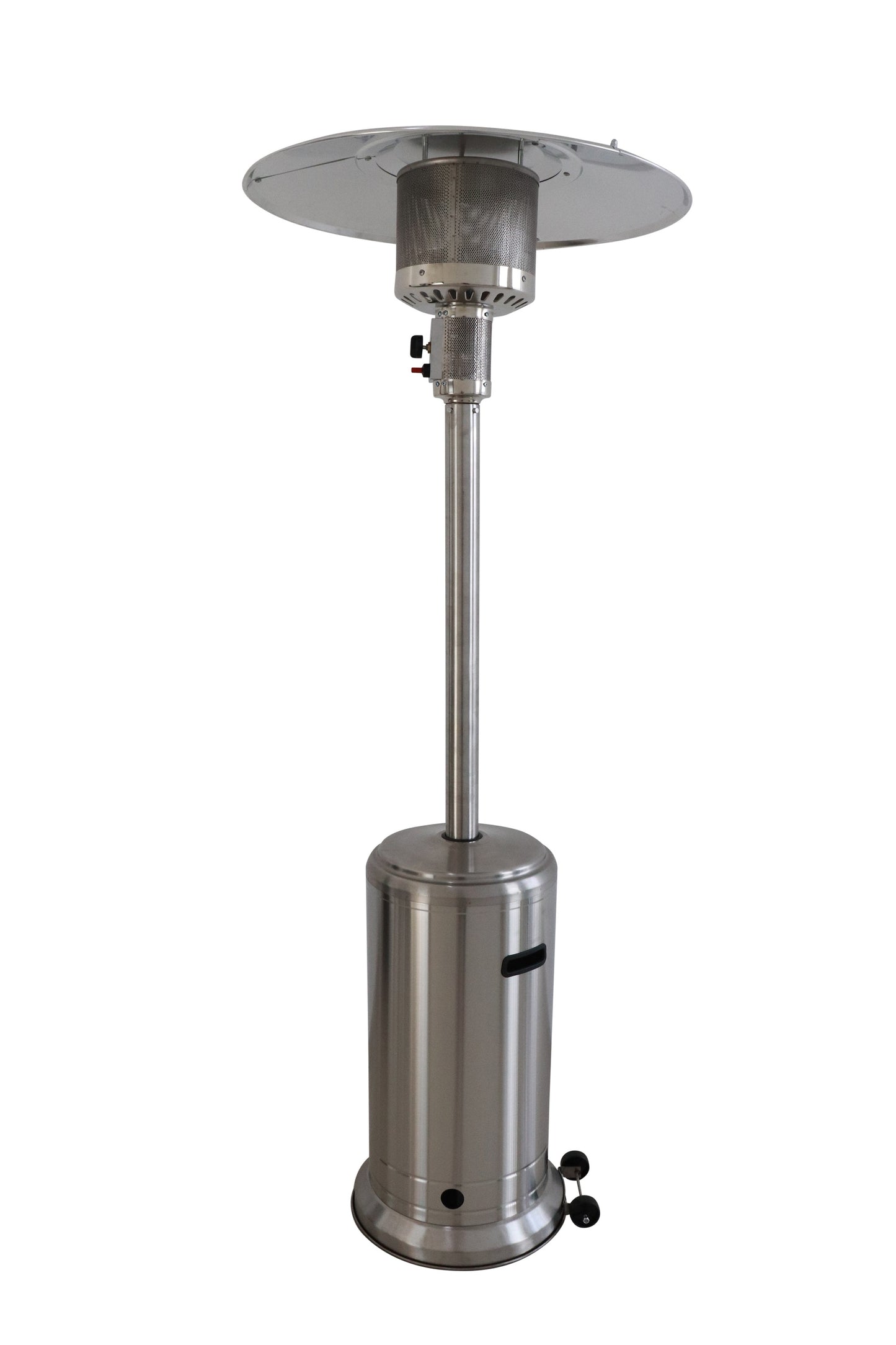 Tall stainless steel patio heater with umbrellashaped reflector and wheeled base