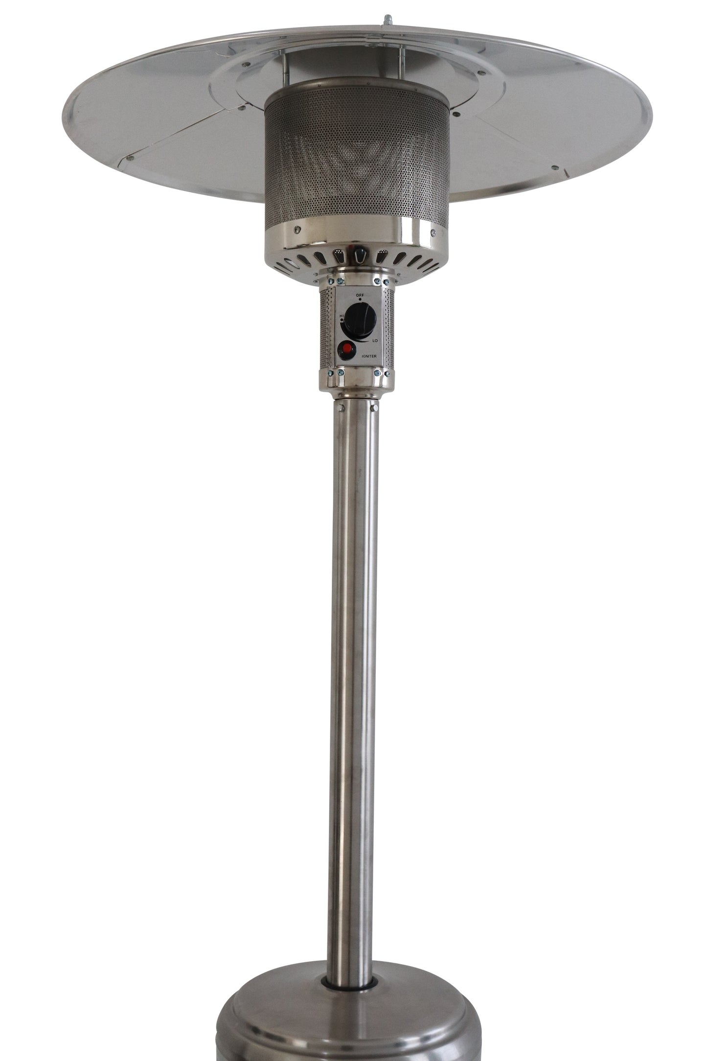 Brushed stainless steel patio heater with a circular reflector and control knob