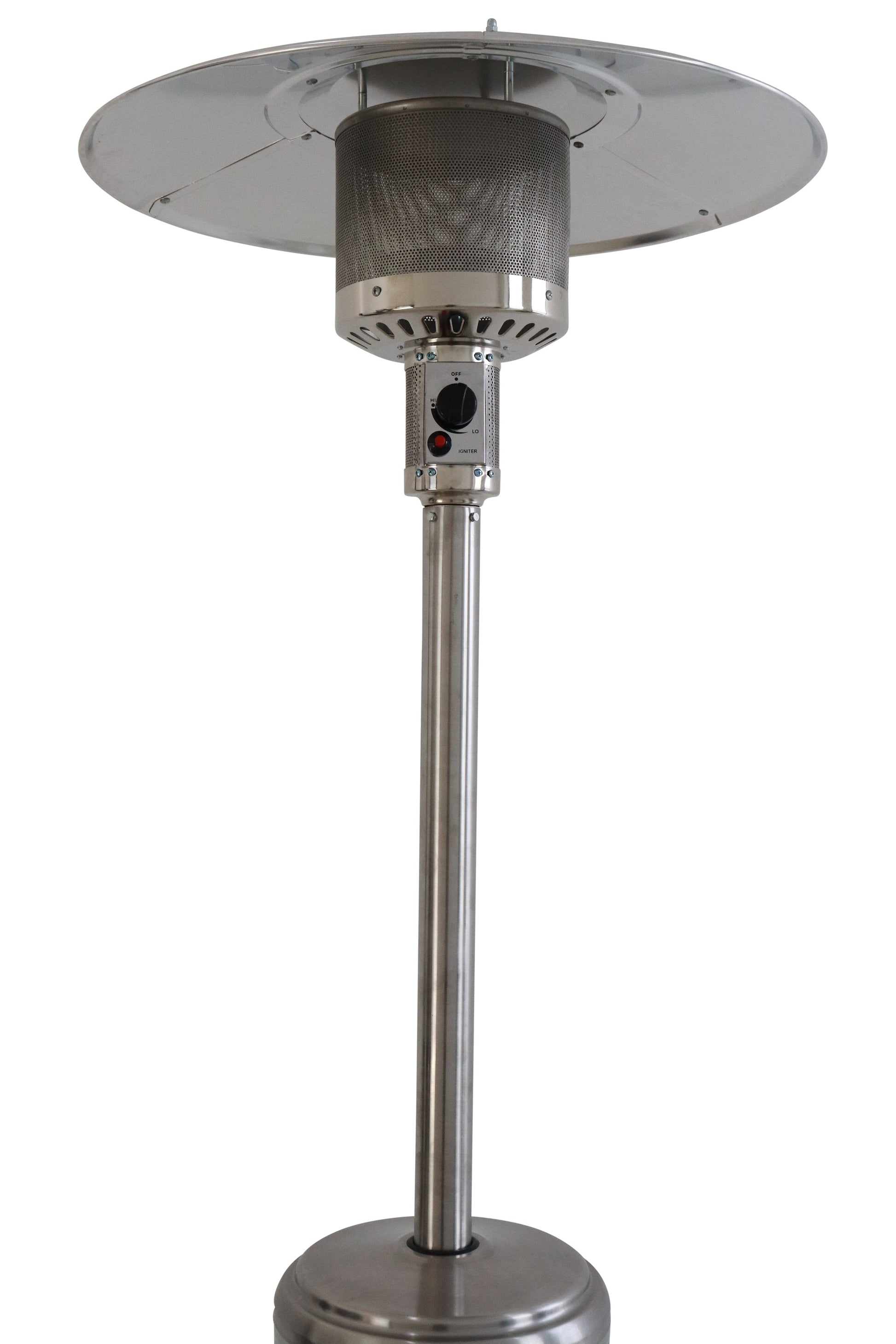 Brushed stainless steel patio heater with a circular reflector and control knob