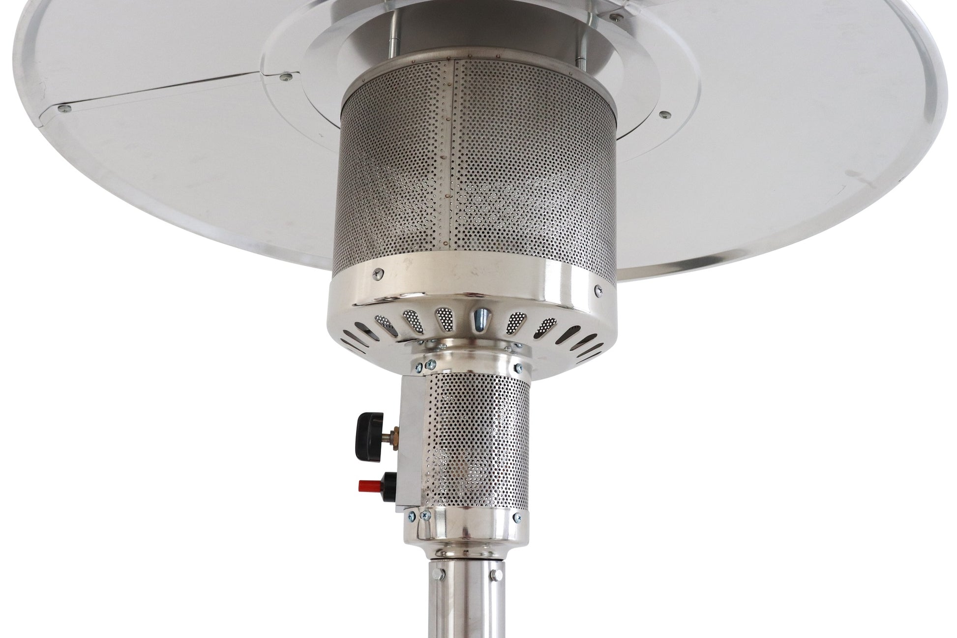 Stainless steel patio heater top with perforated burner cover and reflector plate