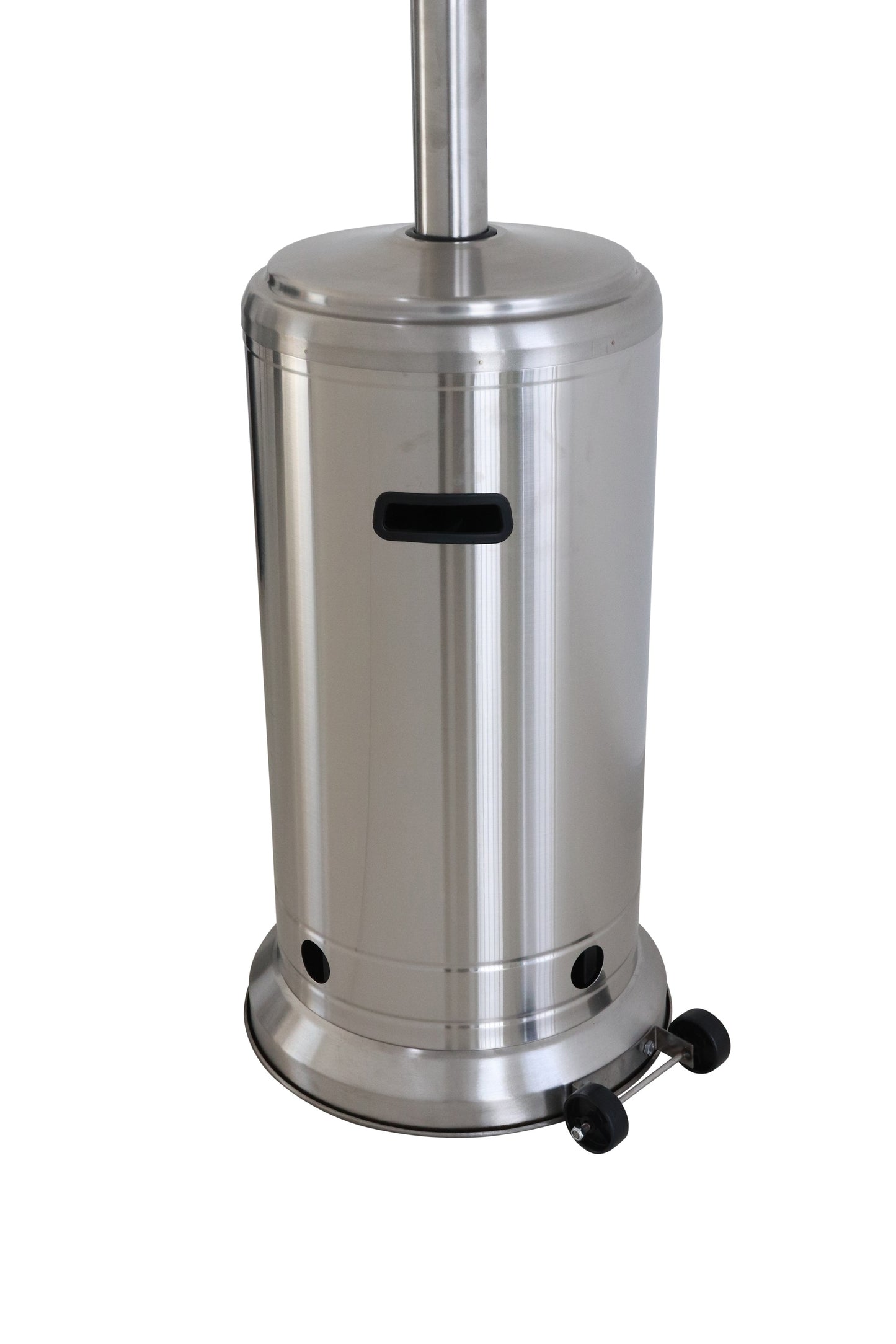 Stainless steel patio heater base with integrated wheels and handle