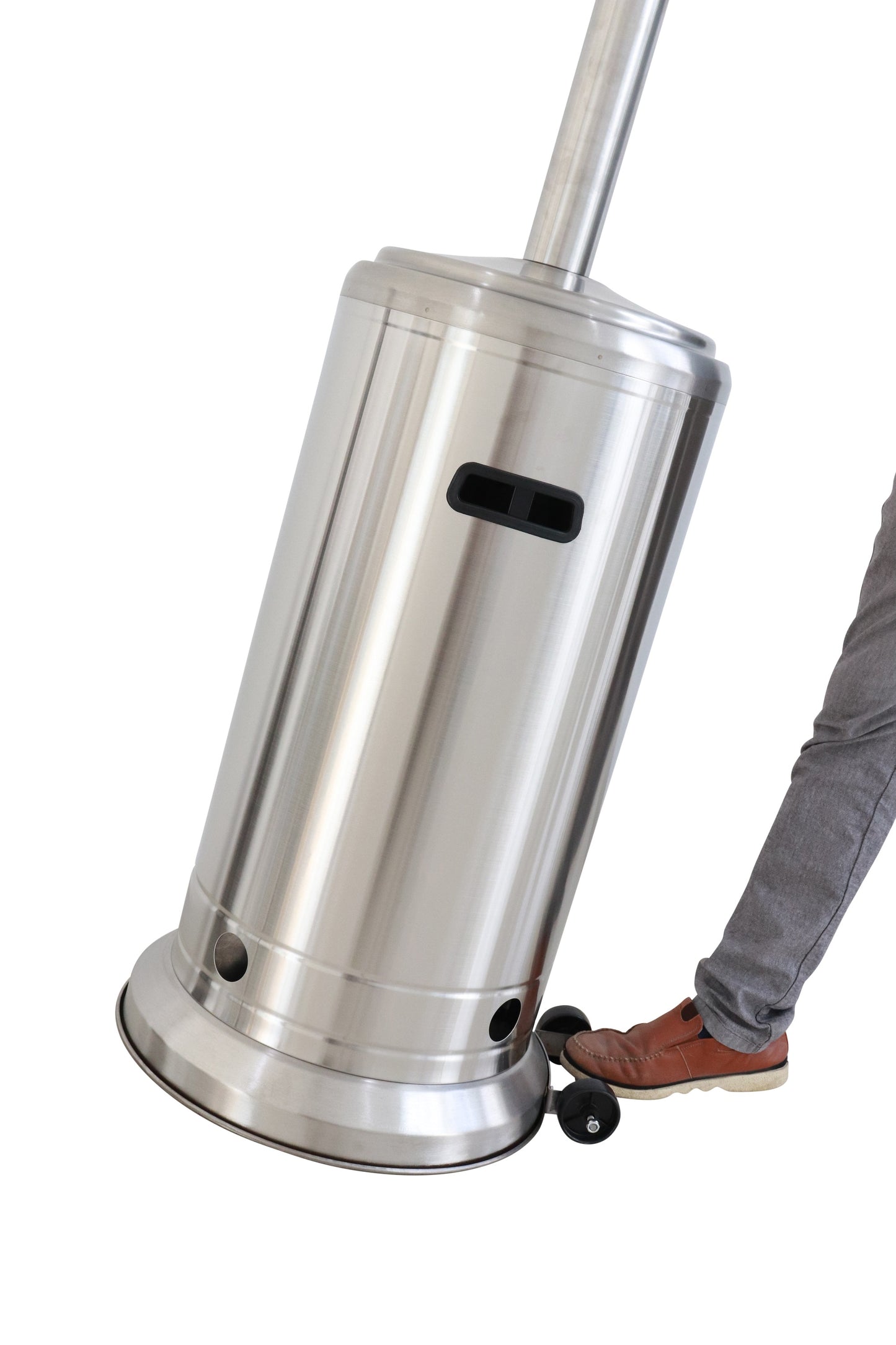 Brushed stainless steel patio heater with integrated wheels for easy mobility
