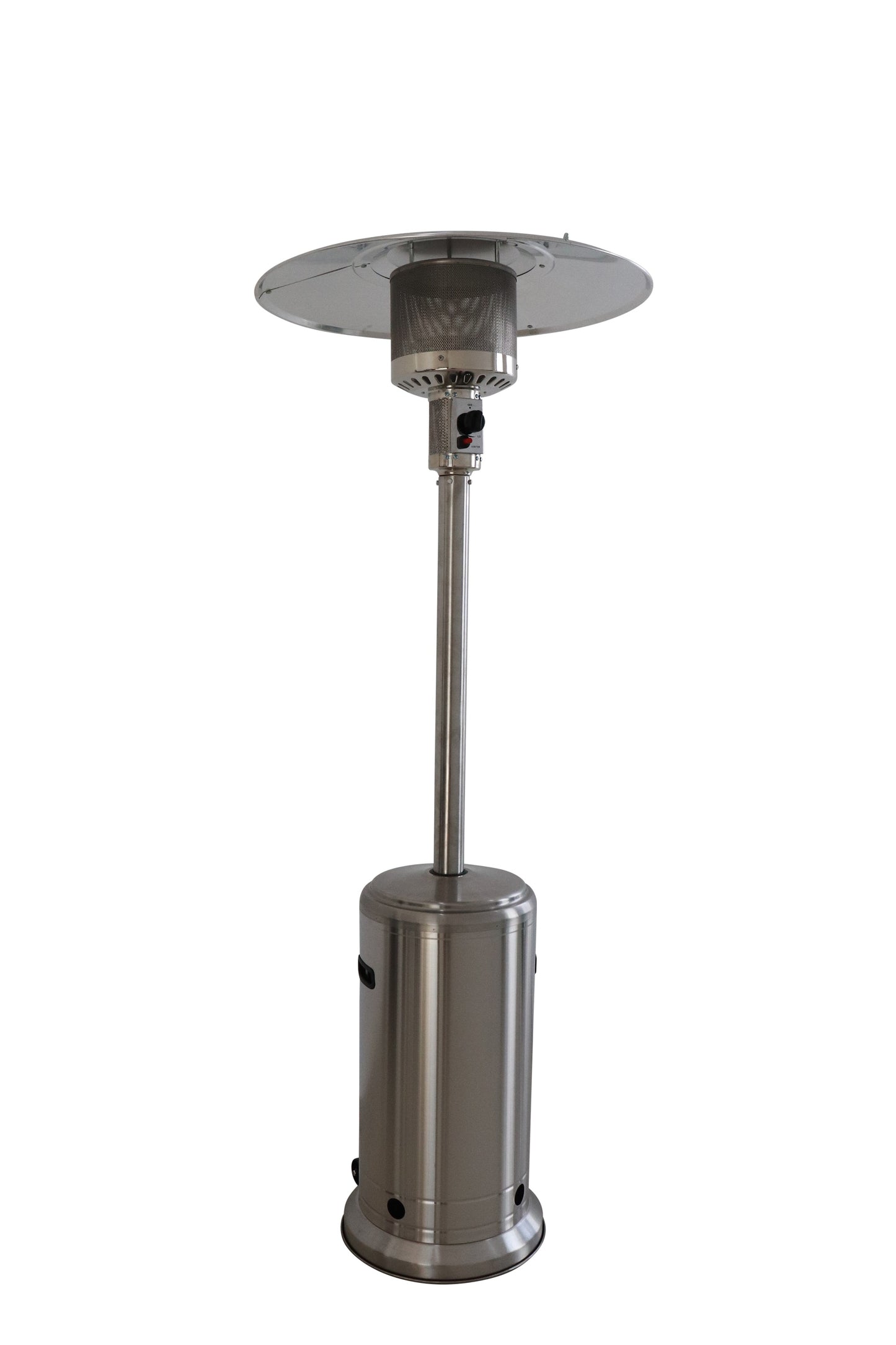 Silver stainless steel patio heater with a wide reflector and control knob for outdoor heating