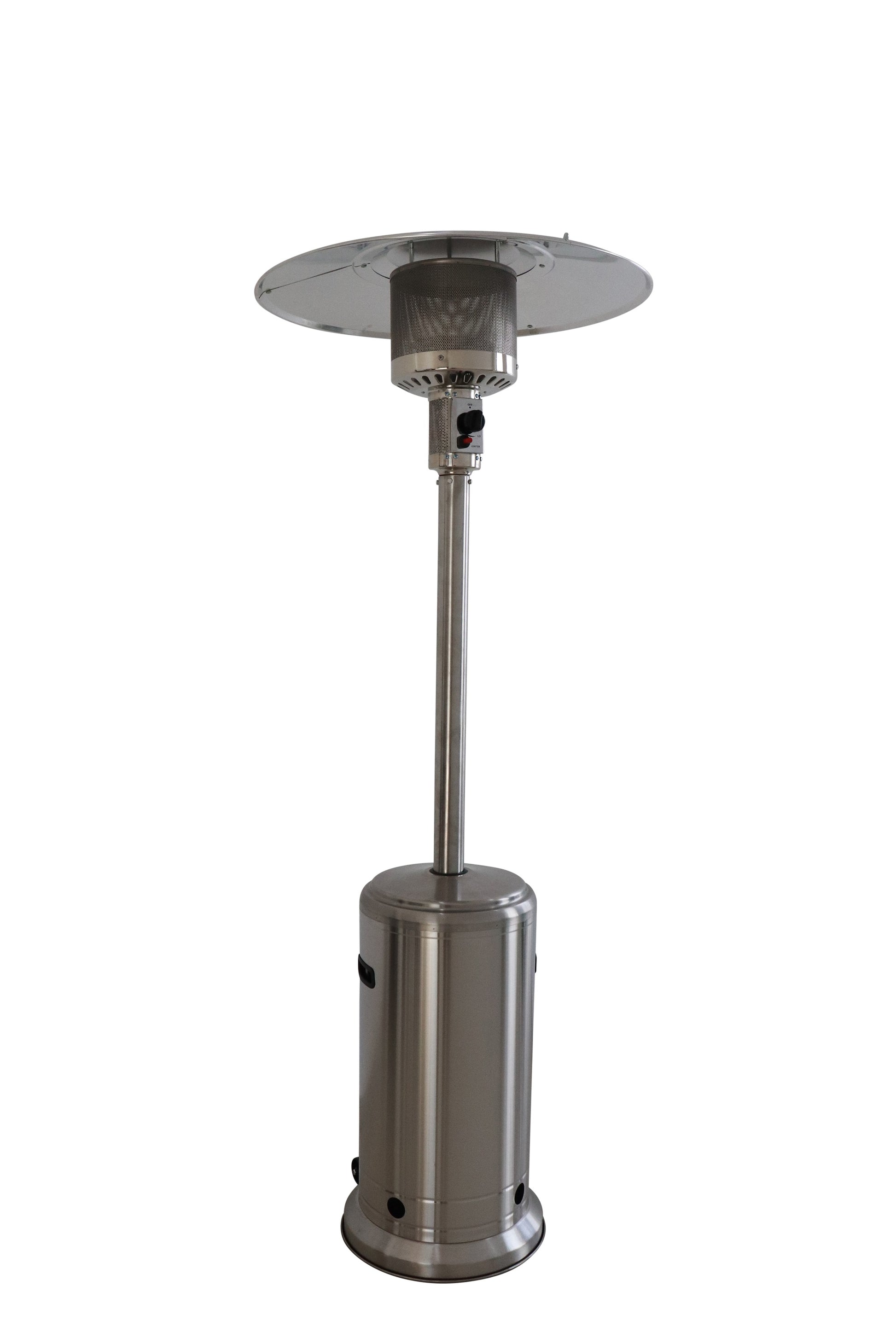 Silver stainless steel patio heater with a wide reflector and control knob for outdoor heating