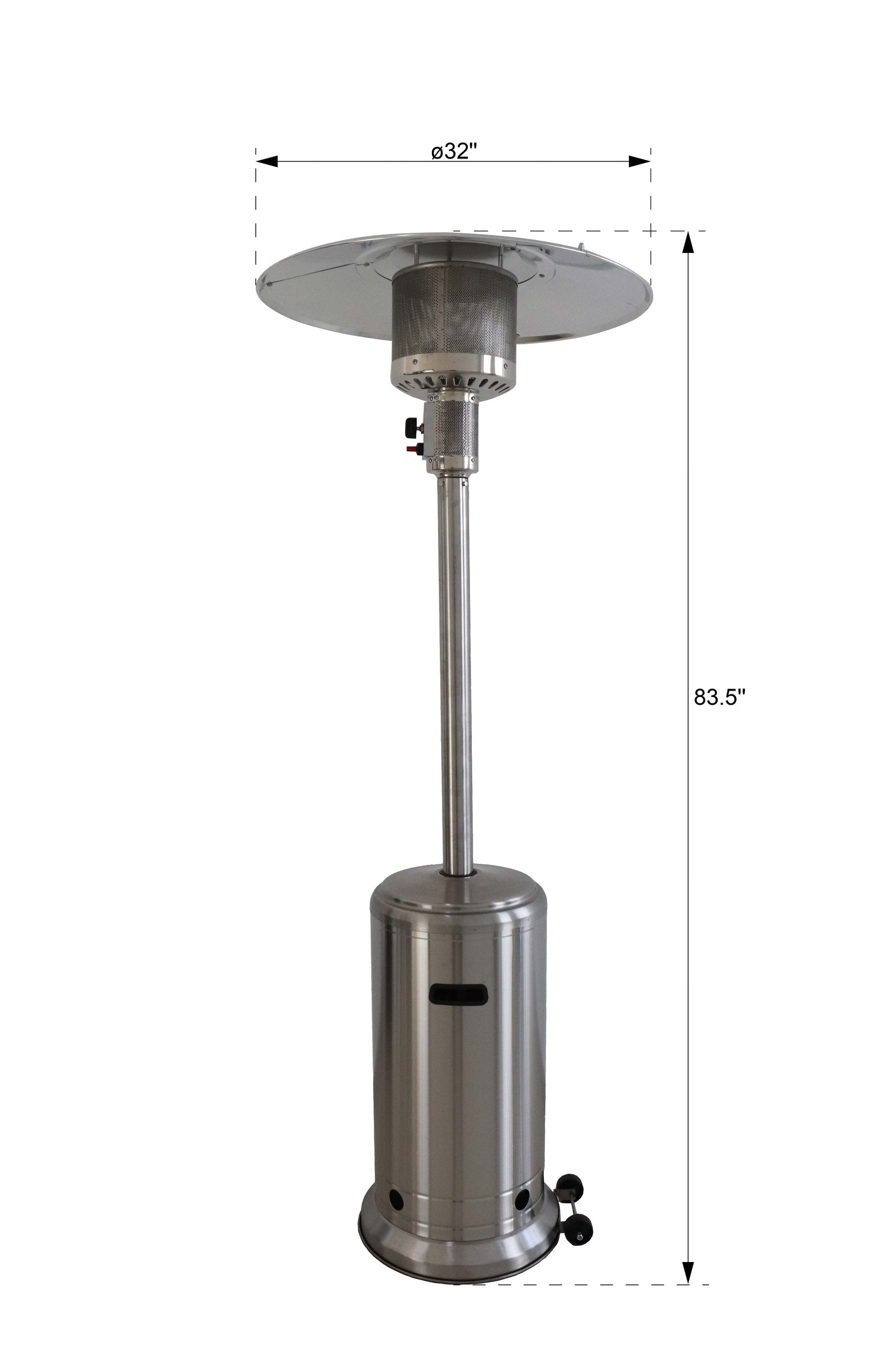Silver stainless steel patio heater with a  wide reflector and  height