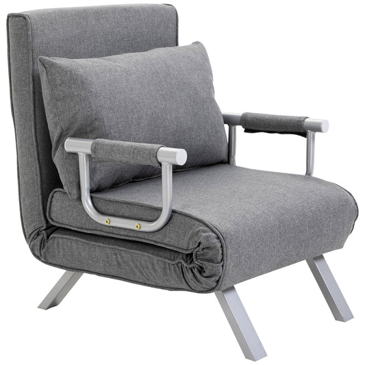 Gray fabric sleeper chair with silver metal legs and armrests ideal for small spaces