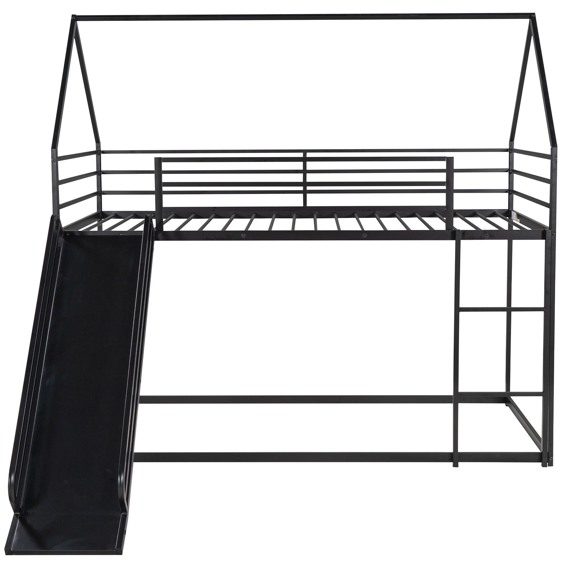 Black metal twin house bed with integrated slide and ladder