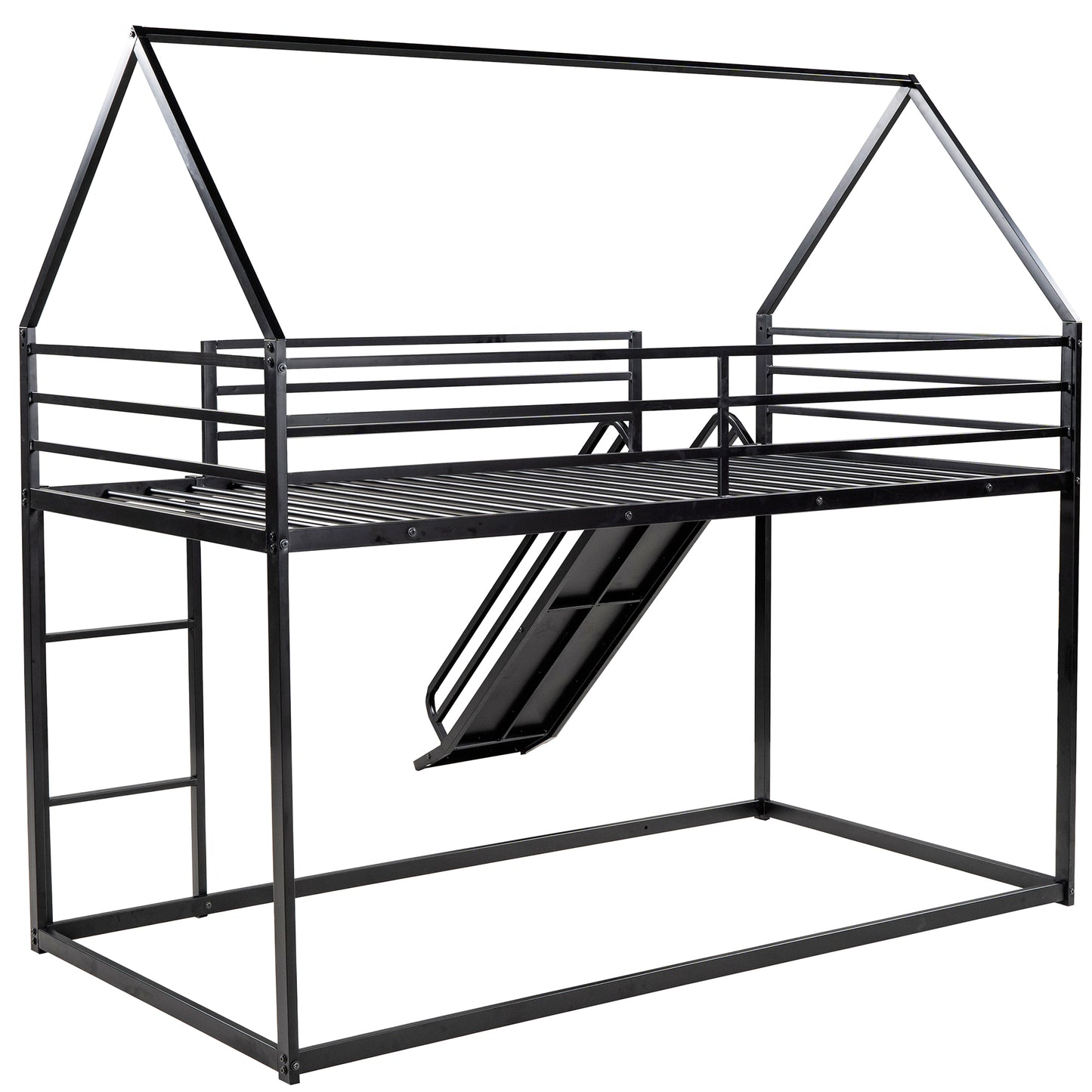 Black metal twin loft bed with house frame ladder and slide for kids room