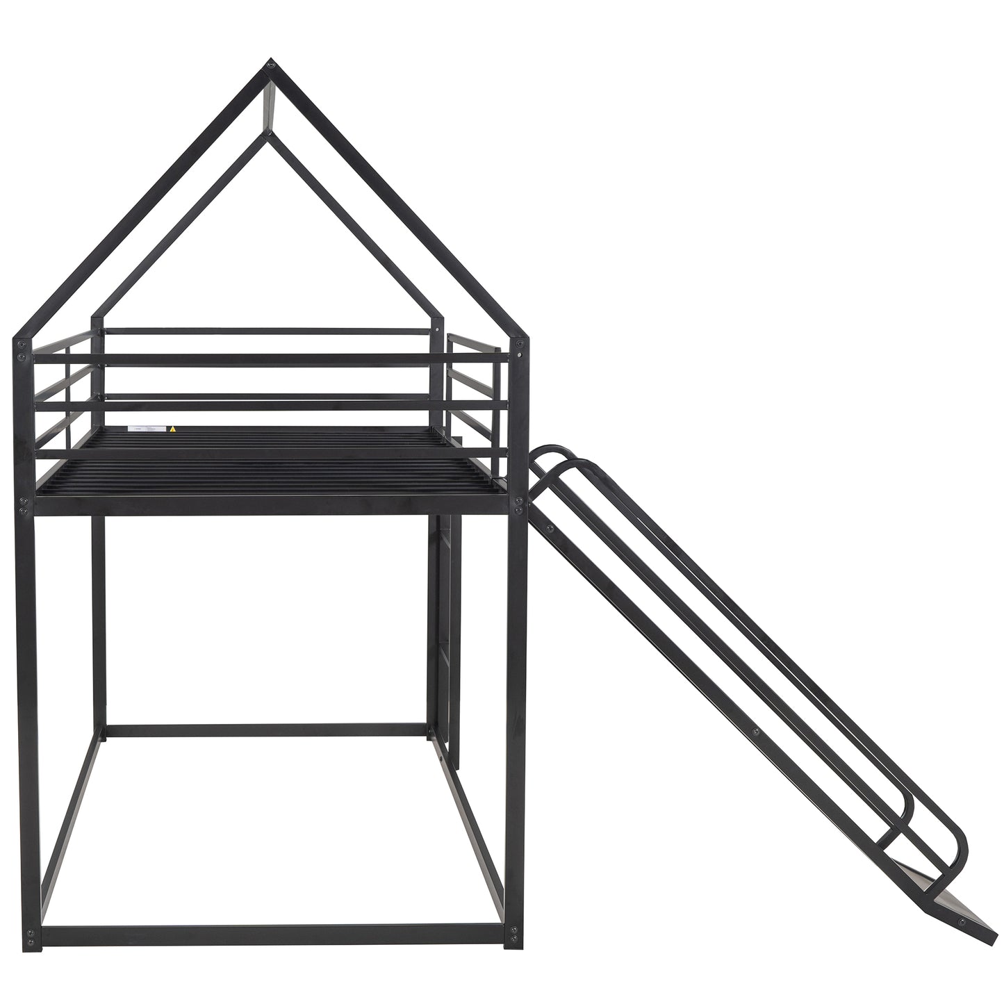 Black metal houseshaped loft bed frame with integrated slide