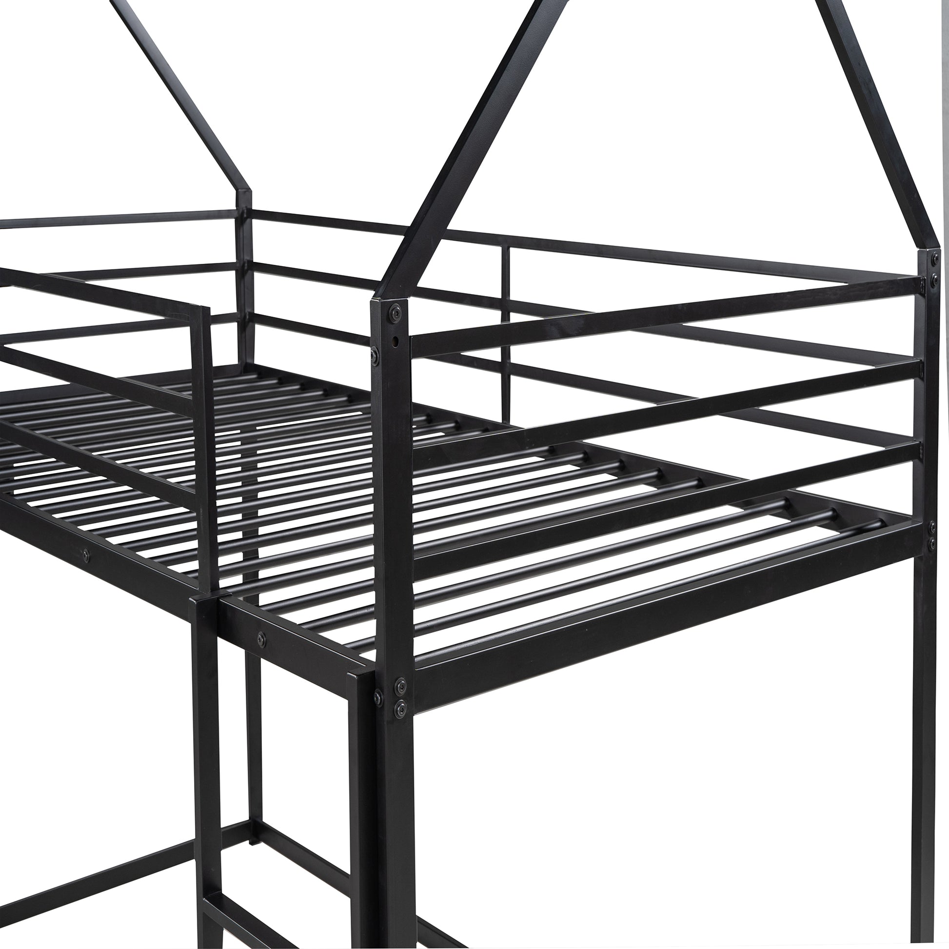Black metal twin loft bed frame with a houseshaped top
