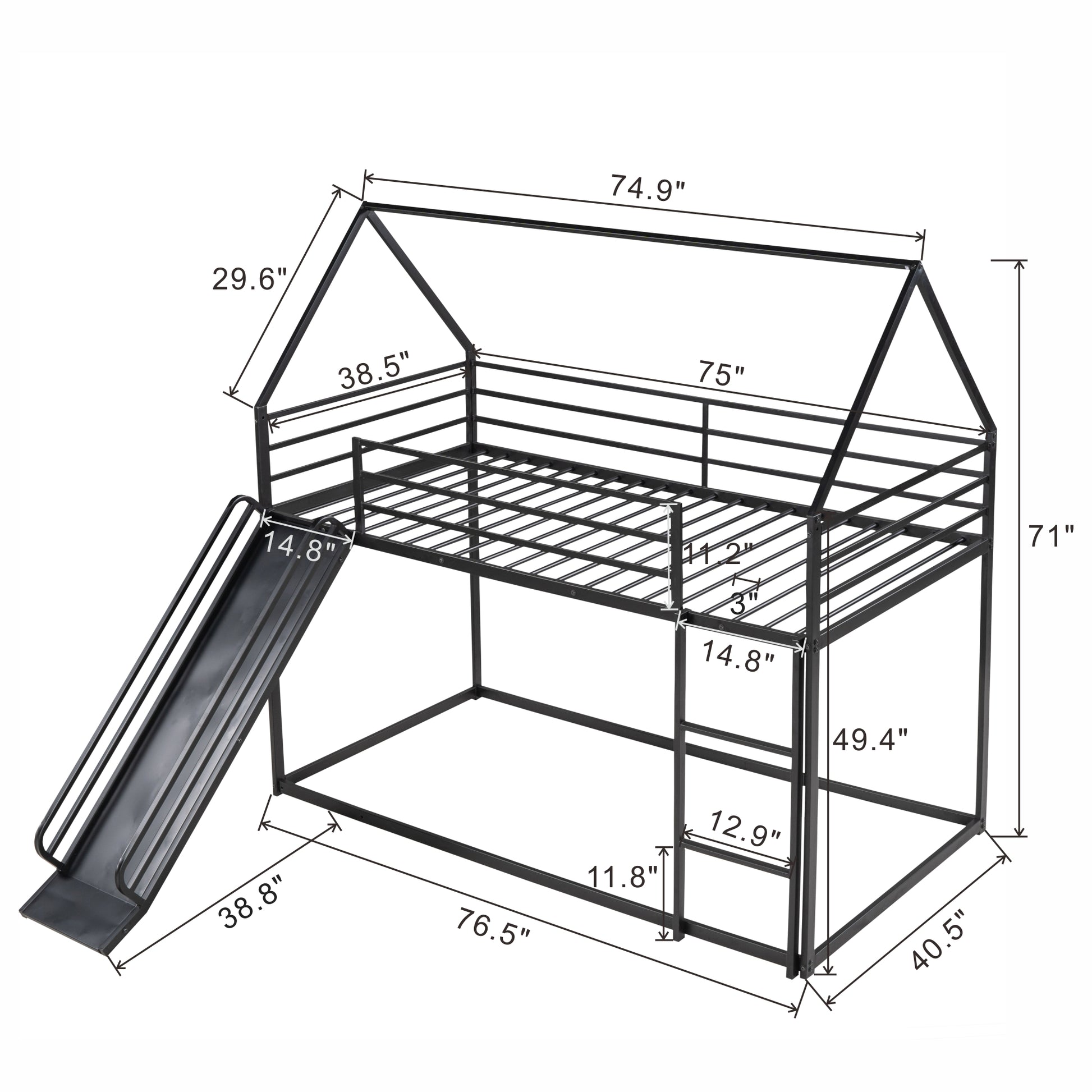 Black metal twin over twin bunk bed with slide and houseshaped frame