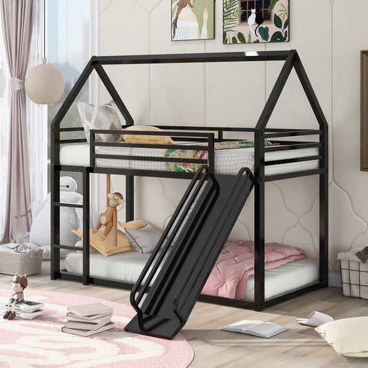 Black metal twin over twin house bunk bed with slide for kids