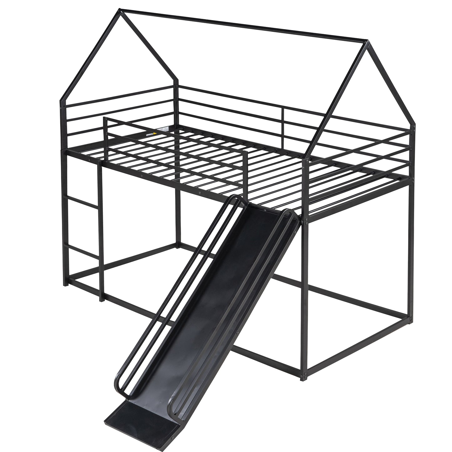 Black metal twin loft bed with house frame and slide