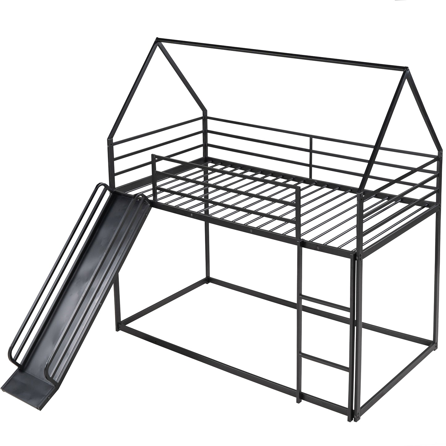 Black metal twin house bed with slide and ladder