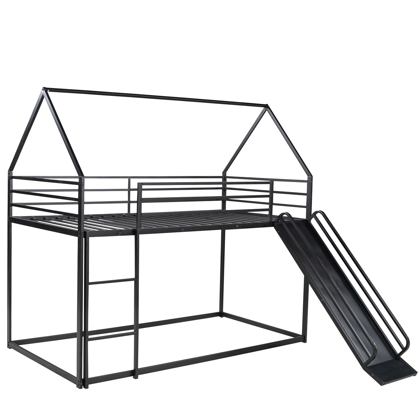 Black metal twin loft bed with house frame and slide