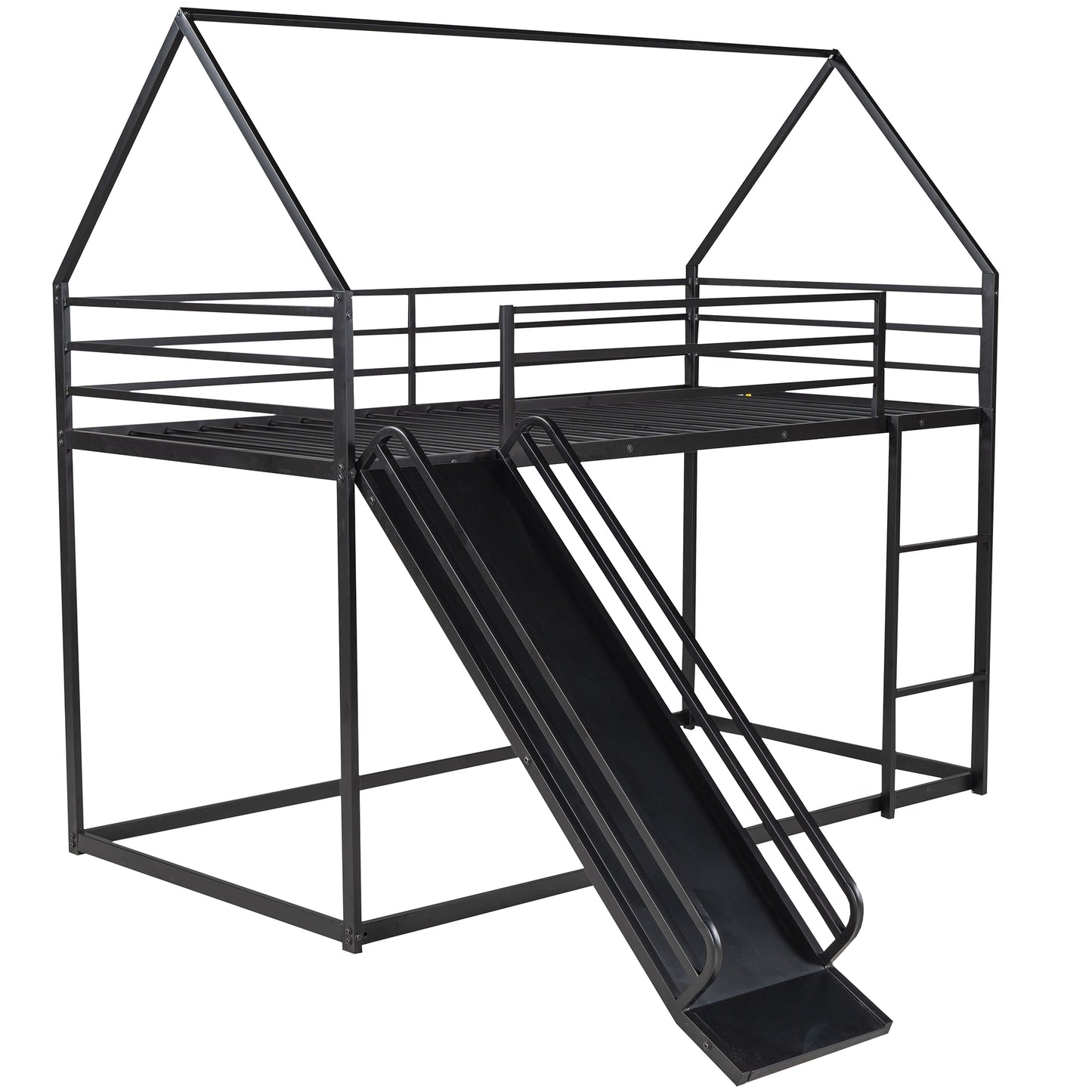 Black metal house loft bed with slide and ladder for kids
