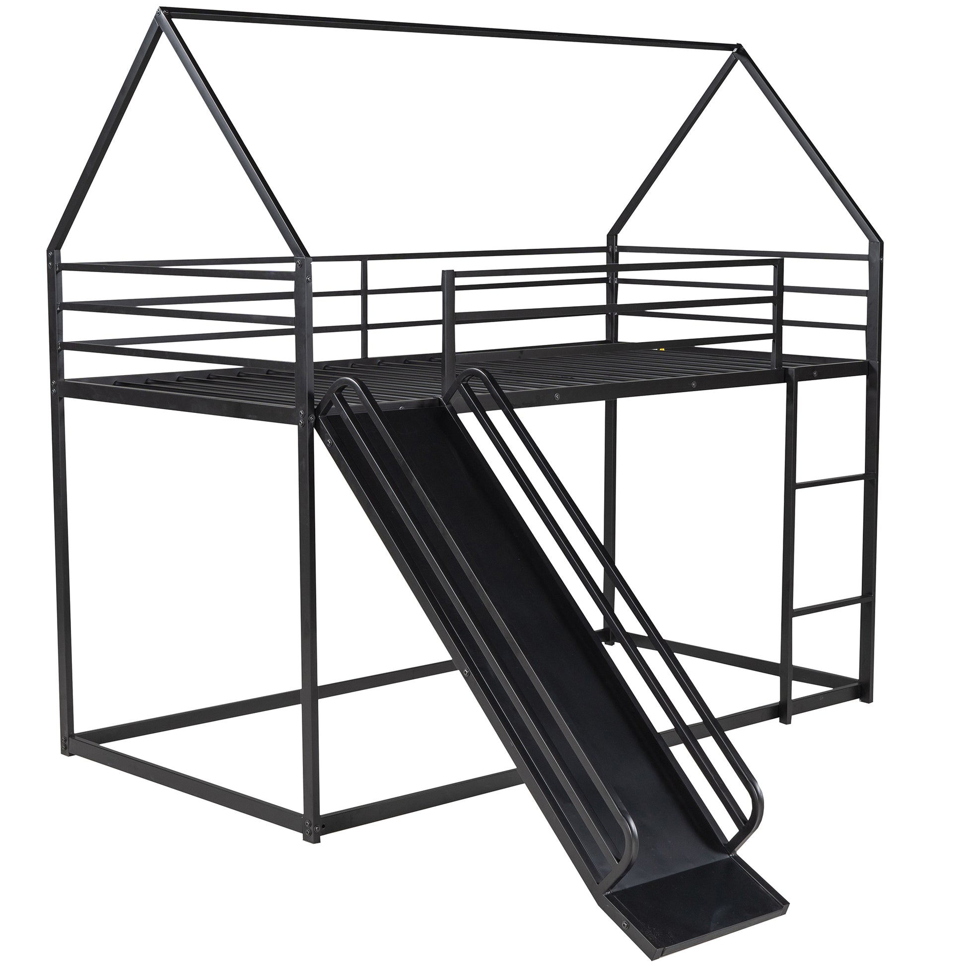 Black metal house loft bed with slide and ladder for kids