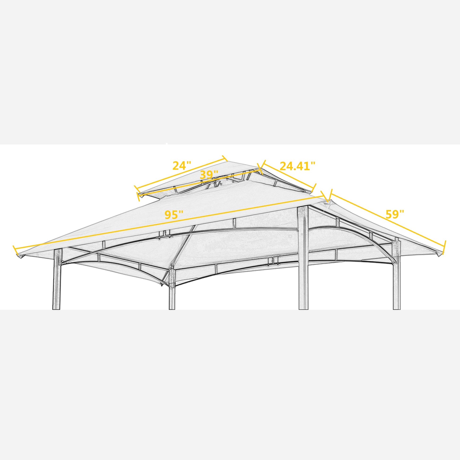 Tiered gazebo frame with detailed dimensions shown for patio use