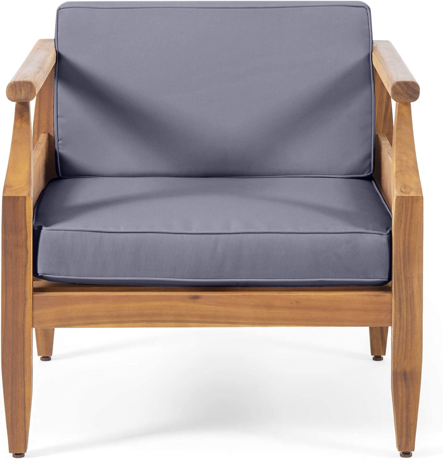 Modern acacia wood armchair with plush grey cushions for outdoor seating