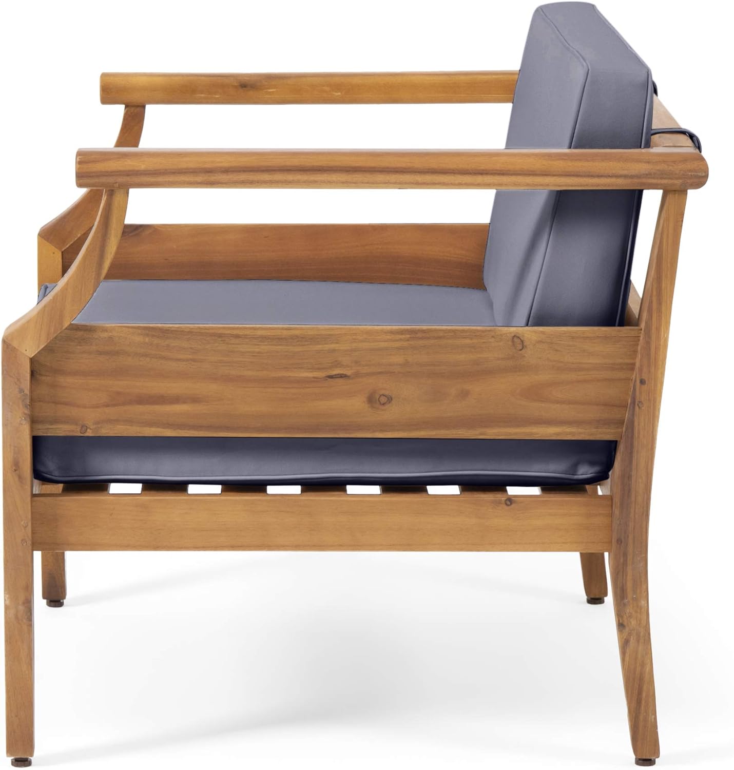 Wooden armchair with grey cushions perfect for patio seating