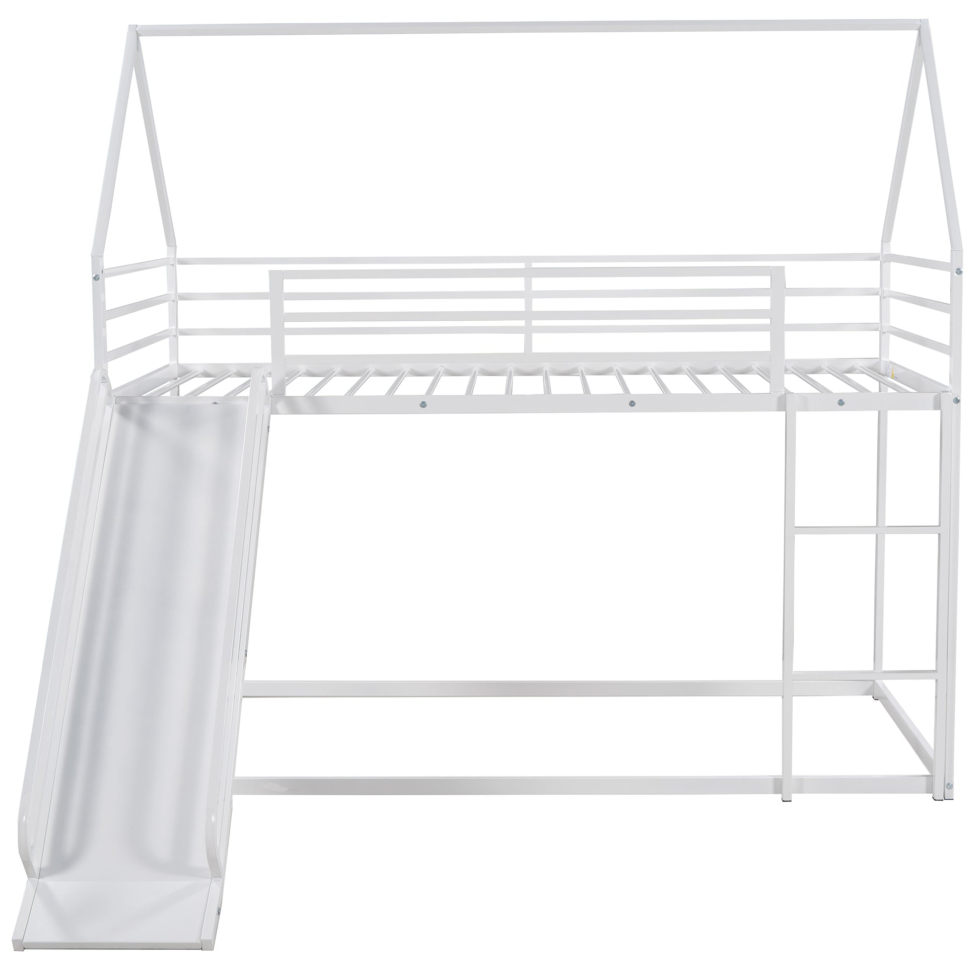 White metal house frame loft bed with slide for kids