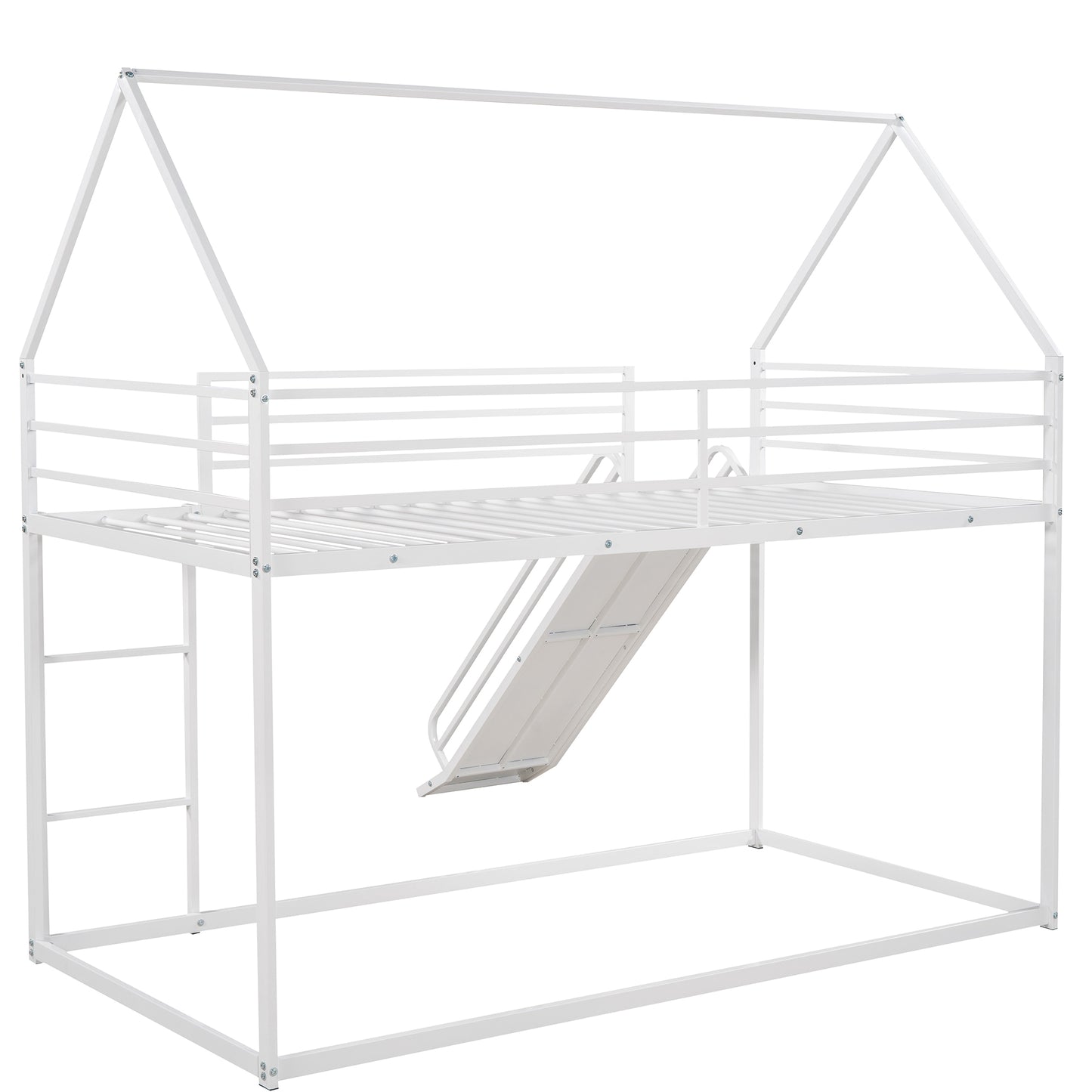 White metal twin bunk bed frame with house roof ladder and slide