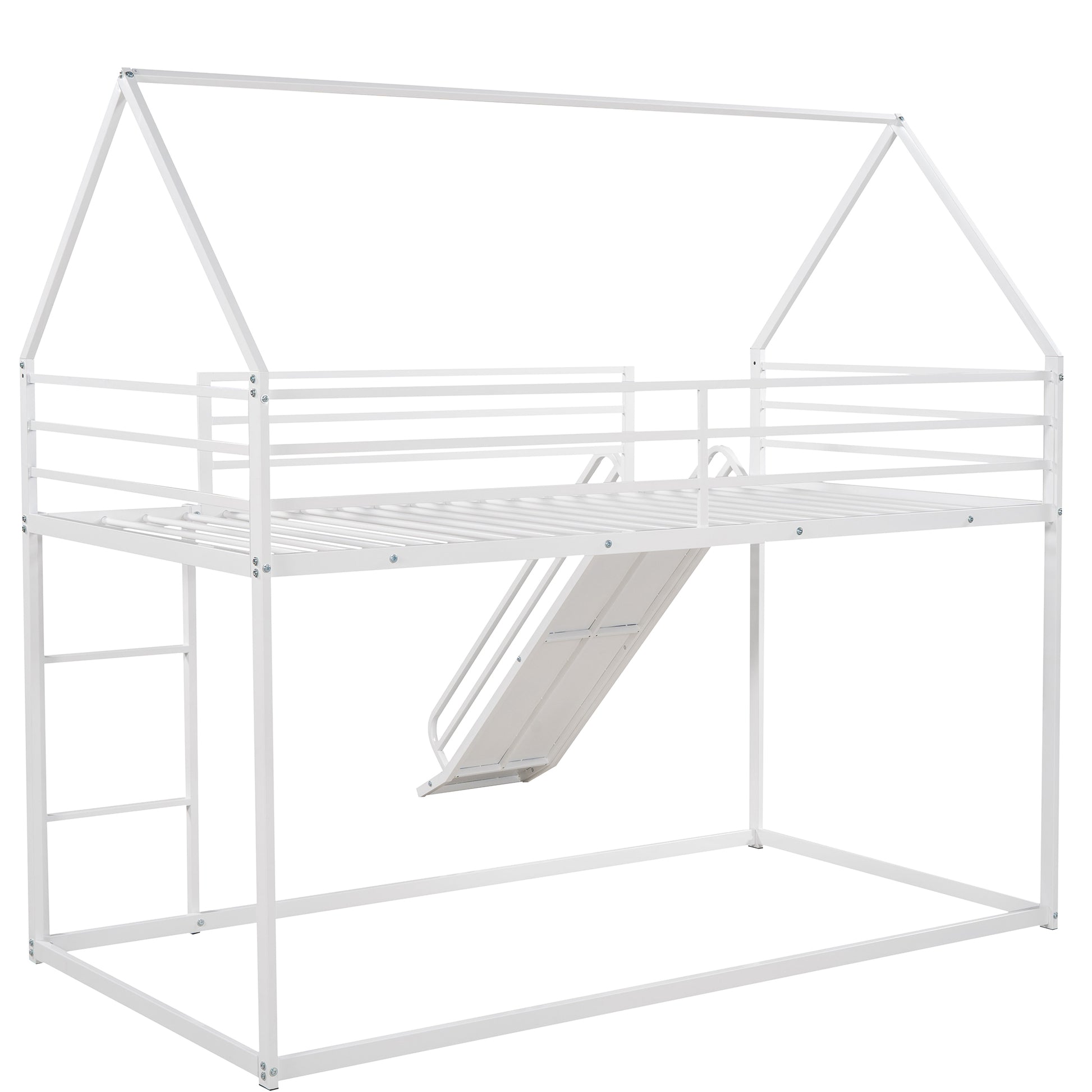 White metal twin bunk bed frame with house roof ladder and slide