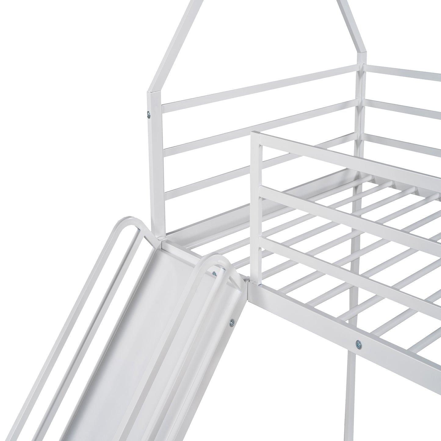 White metal house bed frame with integrated slide and railing