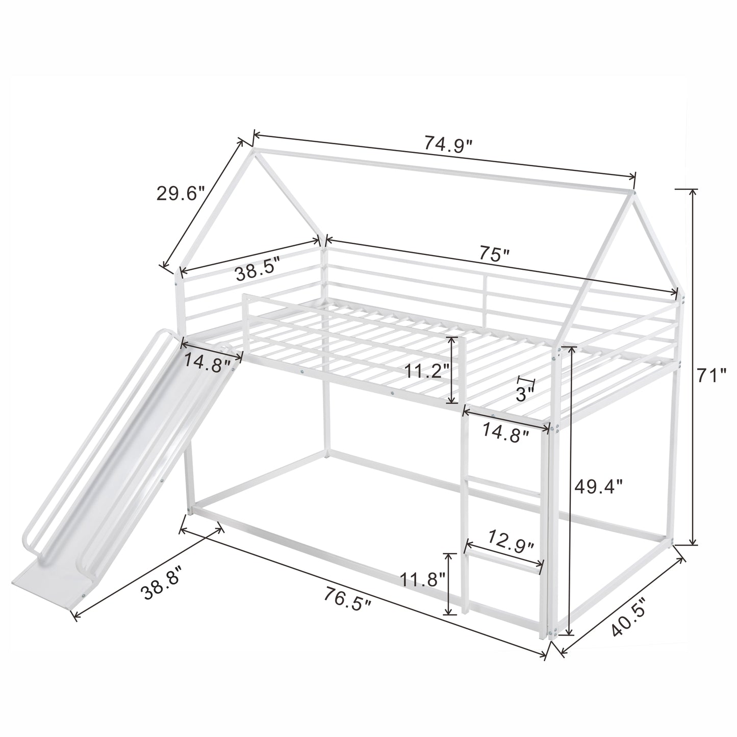 White metal bunk bed with slide and roof detail  L