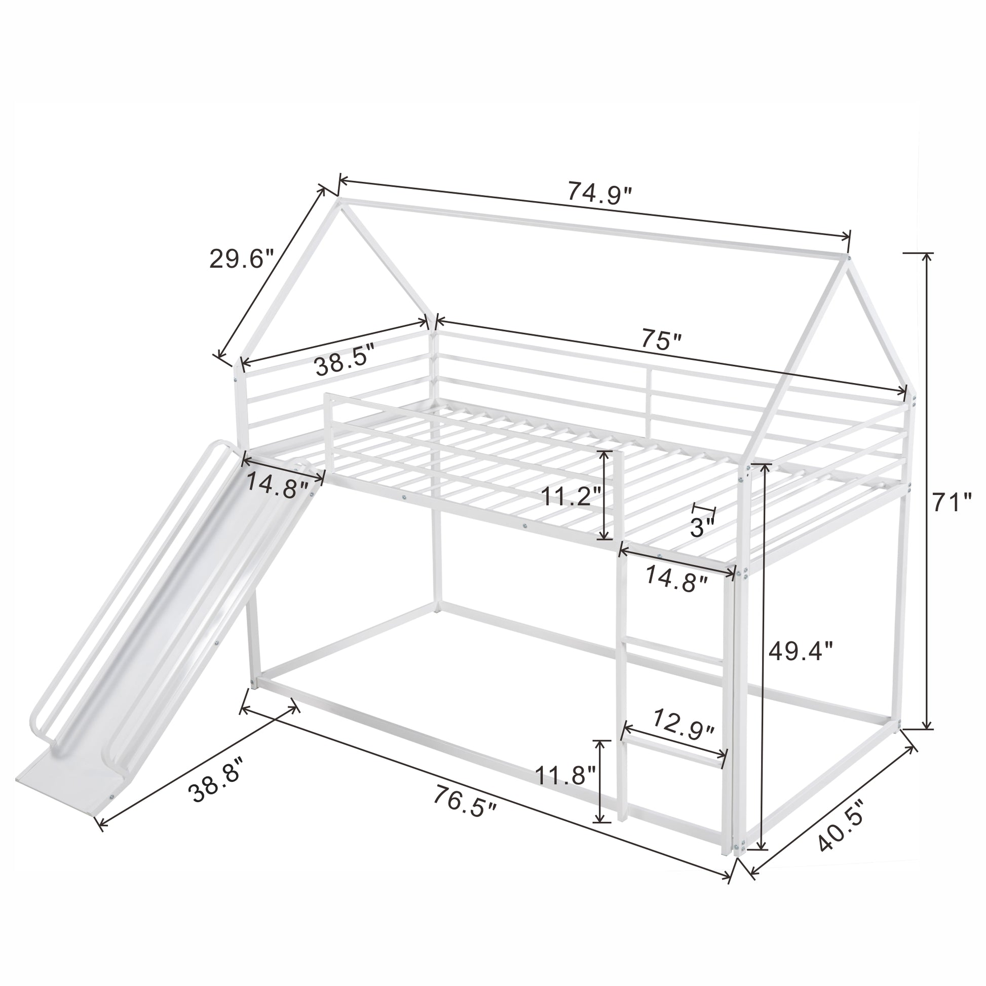 White metal bunk bed with slide and roof detail  L