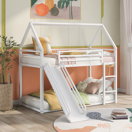 TREATLIFE HOME Twin Over Twin House Bunk Bed with Convertible Ladder and Slide, Space-Saving Design, White Color